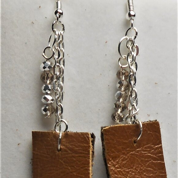 No.1139 Handmade earrings with leather pieces 2 1/2 inches long - Picture 4 of 4